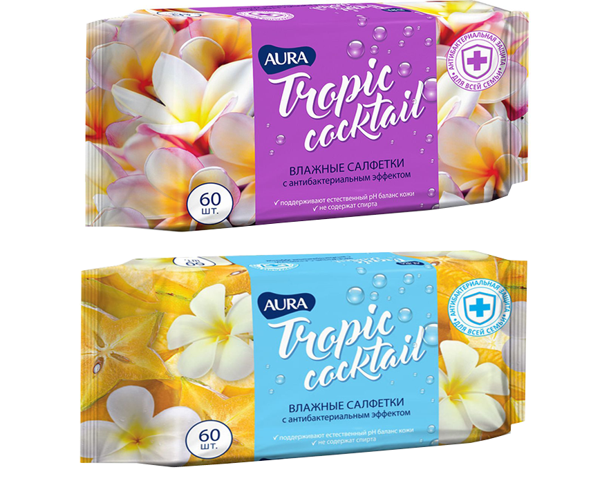 Каталог Салфетки влажные Aura Tropic Cocktail антибактериальные (60шт) от интернет-магазина «7 Сувениров»