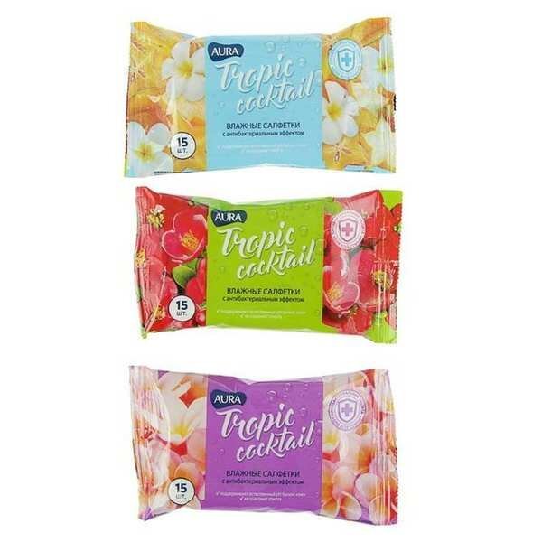 Каталог Салфетки влажные Aura Tropic Cocktail освежающие (15шт) от интернет-магазина «7 Сувениров»