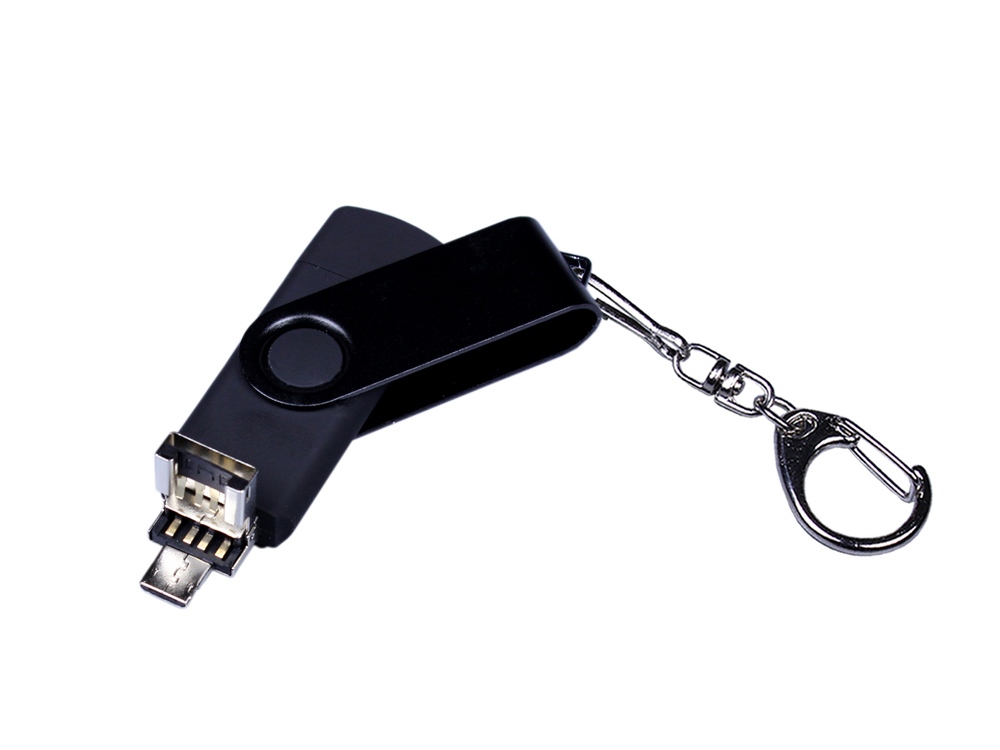 USB-флешка на 32 Гб 3 в 1 поворотный механизм, c двумя дополнительными разъемами MicroUSB и TypeC C с одноцветным металлическим клипом, черный