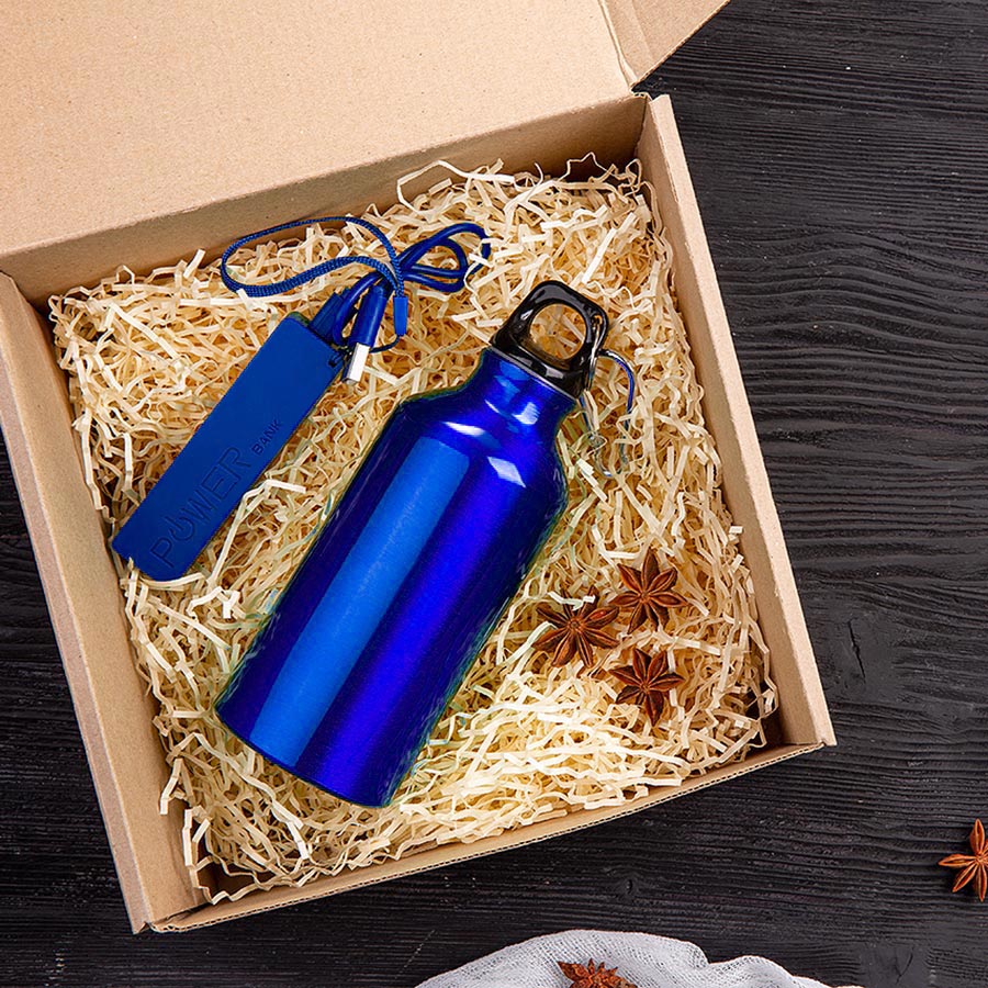 Набор подарочный ENERGYHINT: зарядное устройство, бутылка, коробка, стружка, синий